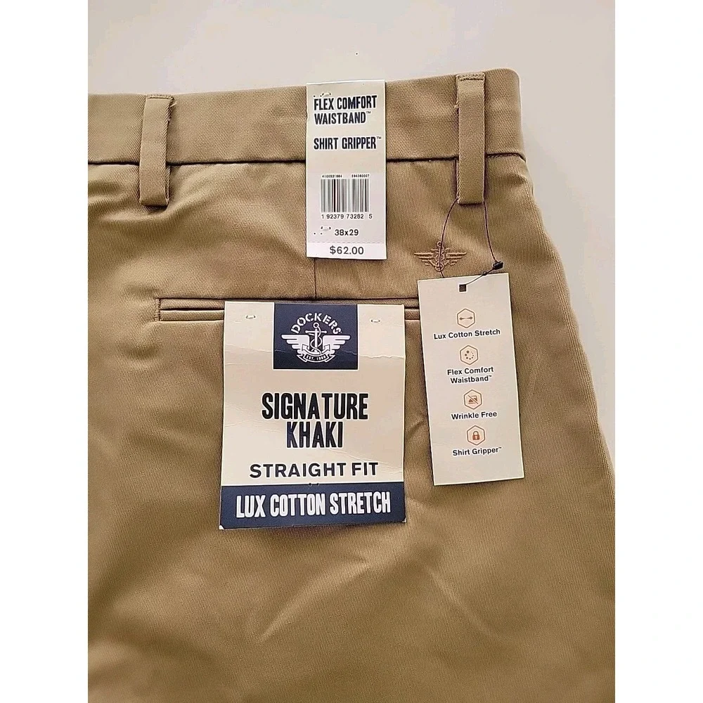 NEW Dockers Signature Khakis Pants 38x29 Slim Fit Flex Waistband Grip LuxStretch